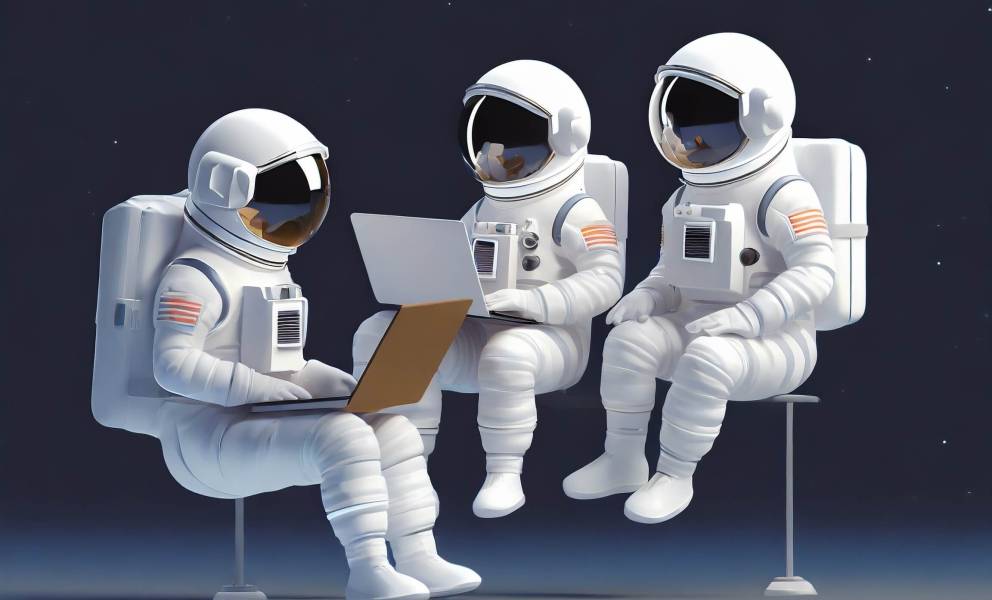 Drei Astronauten sitzen mit Laptops im Orbit