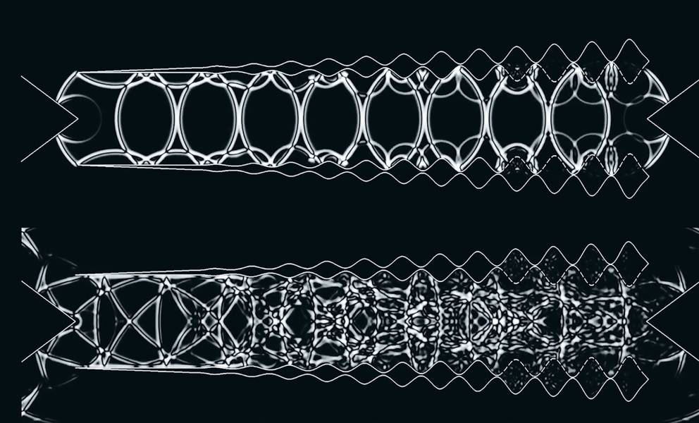 Simulation stills of sound in a 2D corridor made of rigid boundaries that progressively increase in curvature and perforated openings. The top still references an earlier time step. From left to right the energy is coherent, then dispersed, then reduced, indicating continuity between acoustic reflection, diffusion, and absorption.