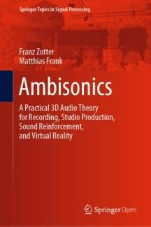 Der Titel "Ambisonics" ist in modernen, gut lesbaren Schriftarten platziert, und der Untertitel hebt die praktische Anwendbarkeit für Aufnahmen, Studio-Produktion, Sound-Verstärkung und virtuelle Realität hervor.